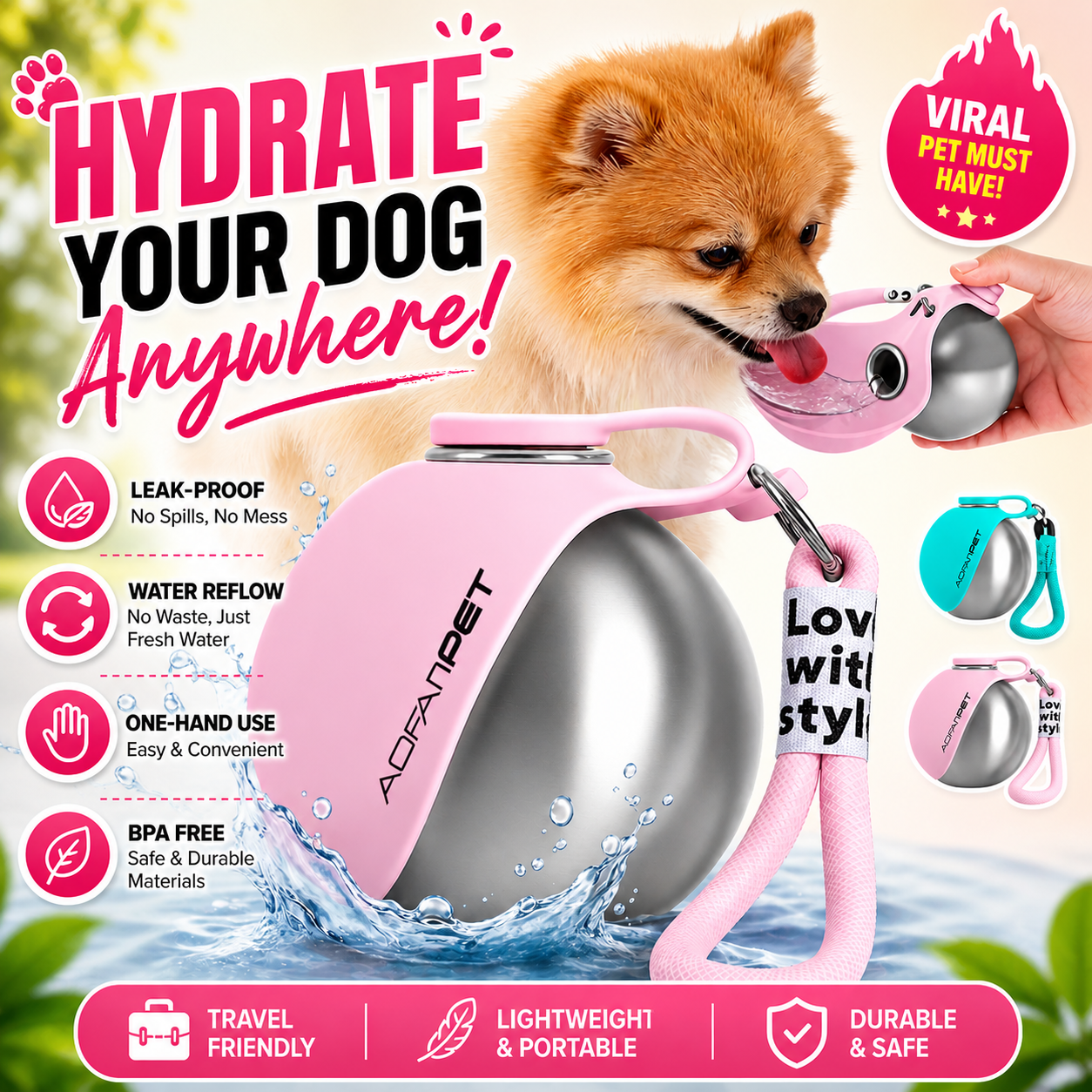 Portable Dog Water Bottle with Bowl & Waste Bag Dispenser | LexaCart