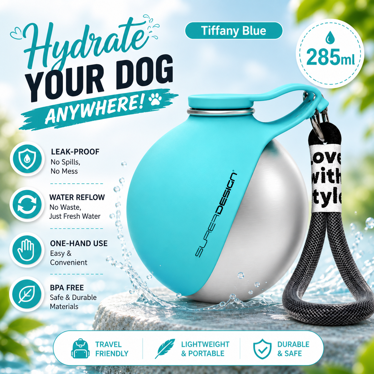 Portable Dog Water Bottle with Bowl & Waste Bag Dispenser | LexaCart
